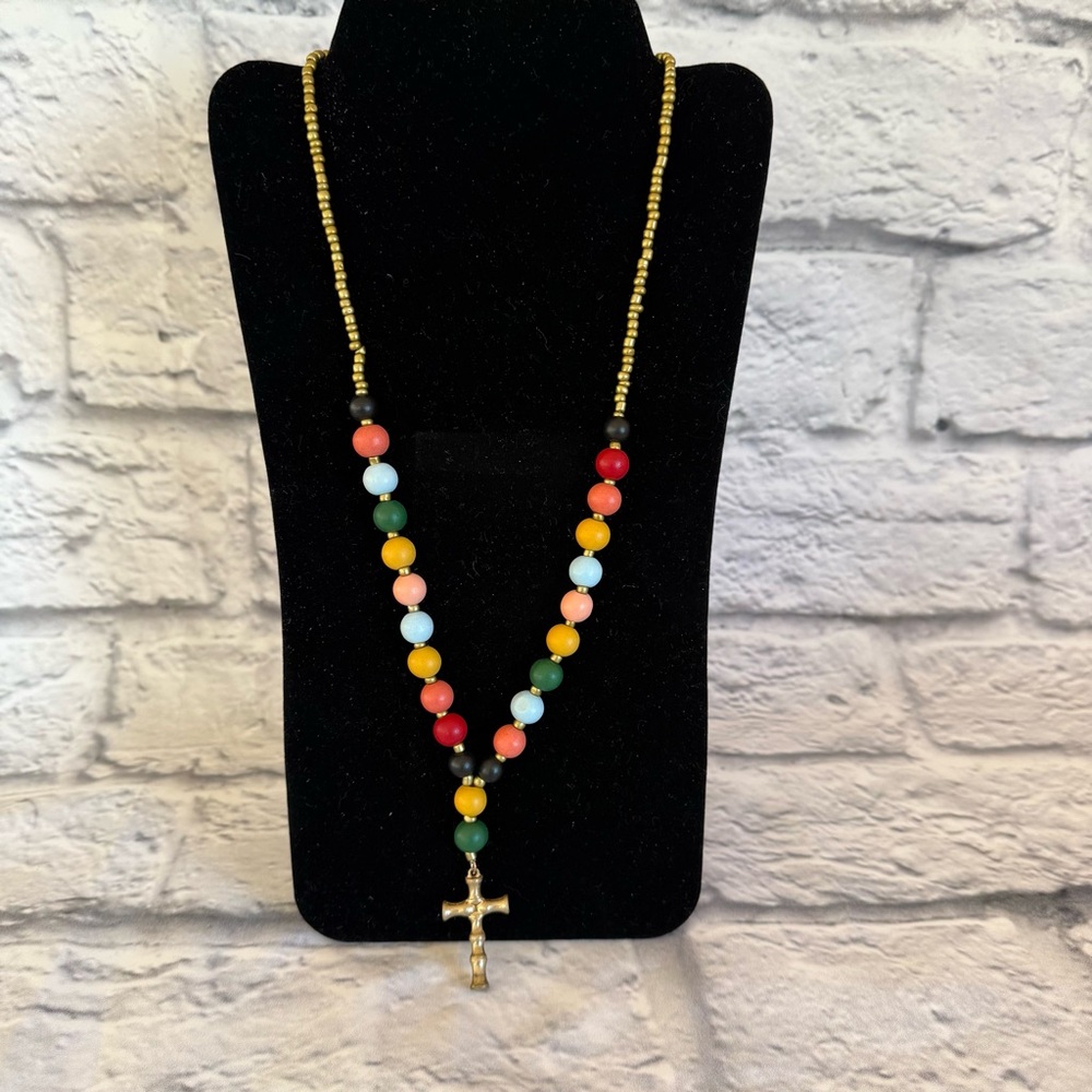 Multicolor Beaded Necklace with Cross Pendant
